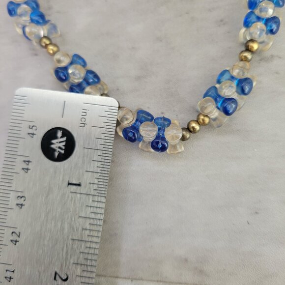 Vintage Blue Clear Plastic Bead Necklace Long Brass Spacers 32in Retro Mod Style - Picture 3 of 6